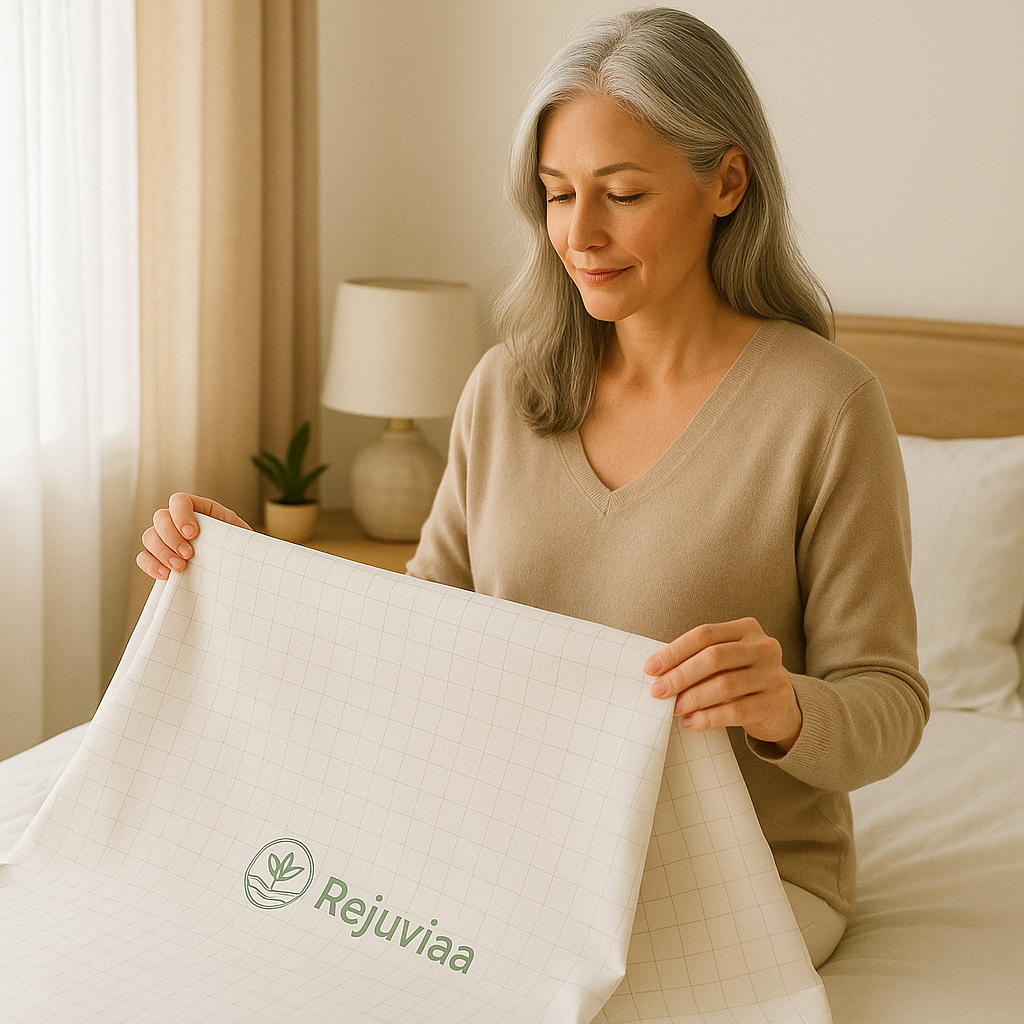 Woman holding a Rejuviaa Grounding Sheet in a bedroom setting