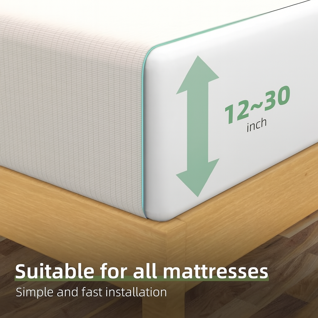 Rejuviaa grounding sheet with dimensions suitable for all mattresses on a wooden bed frame.