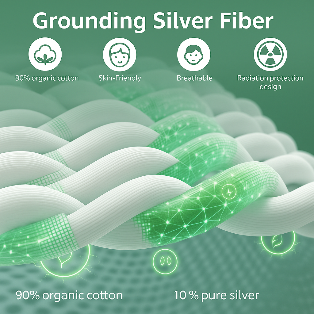 Grounding Silver Fiber with text highlighting features like organic cotton and radiation protection on a green background.