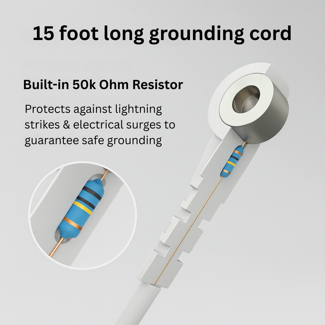 15 foot long grounding cord with built-in 50k Ohm resistor on a gray background