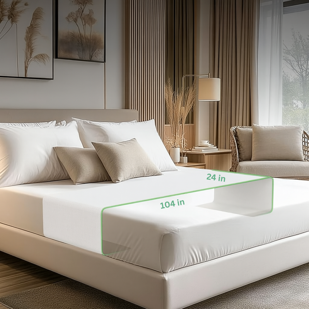 Rejuviaa grounding sheets on a king size bed, showing dimensions (104 inches x 24 inches)