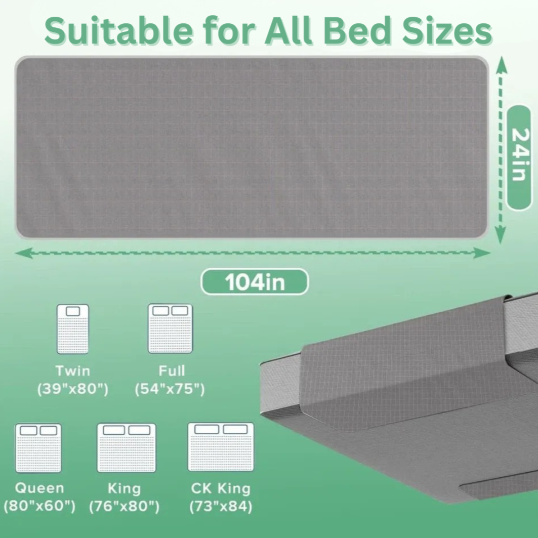 Rejuviaa Grounding Sheet with dimensions and compatibility for various bed sizes on a green background