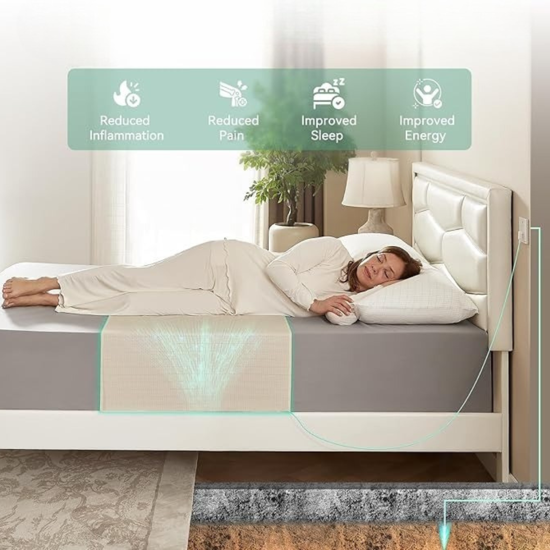 Person lying on a Rejuviaa grounding sheet, 
showing benefits like reduced inflammation and improved sleep.