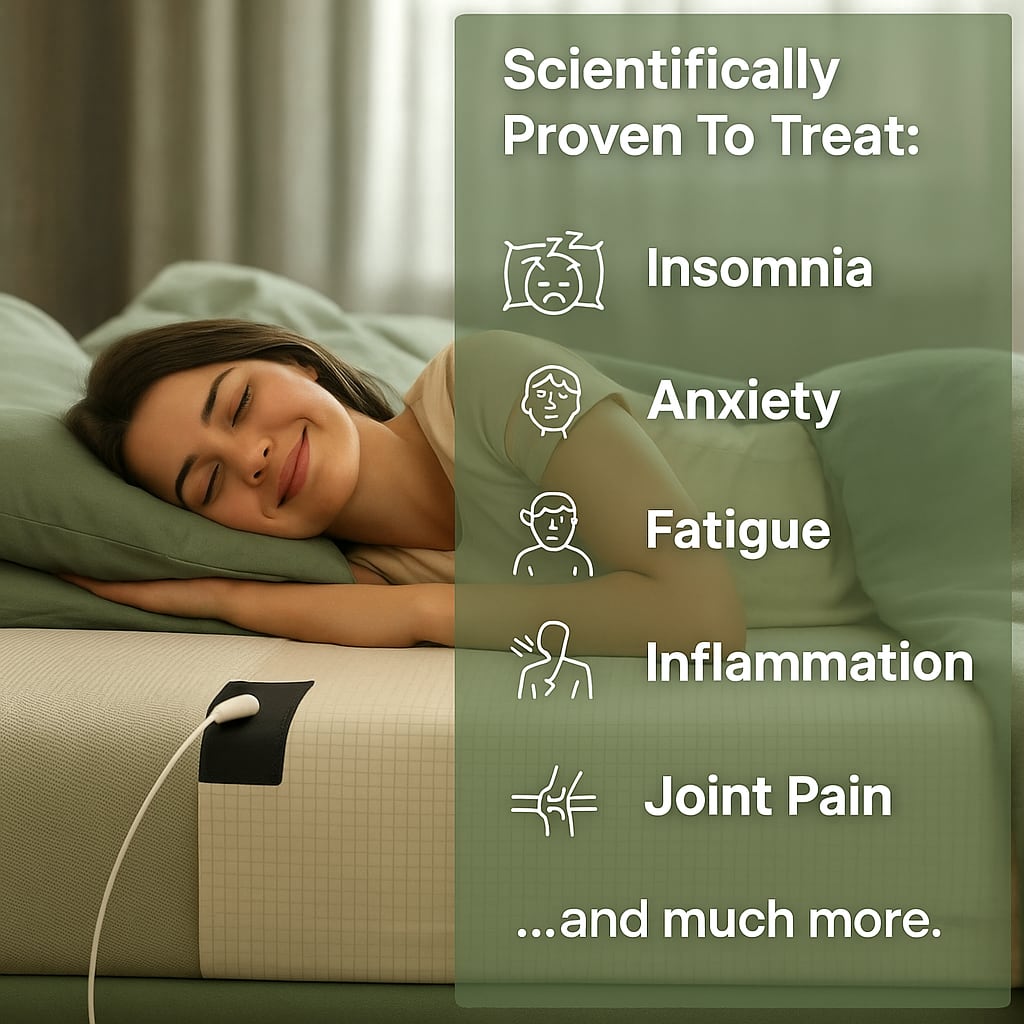 Woman sleeping on a Rejuviaa grounding sheet, and text about its benefits.