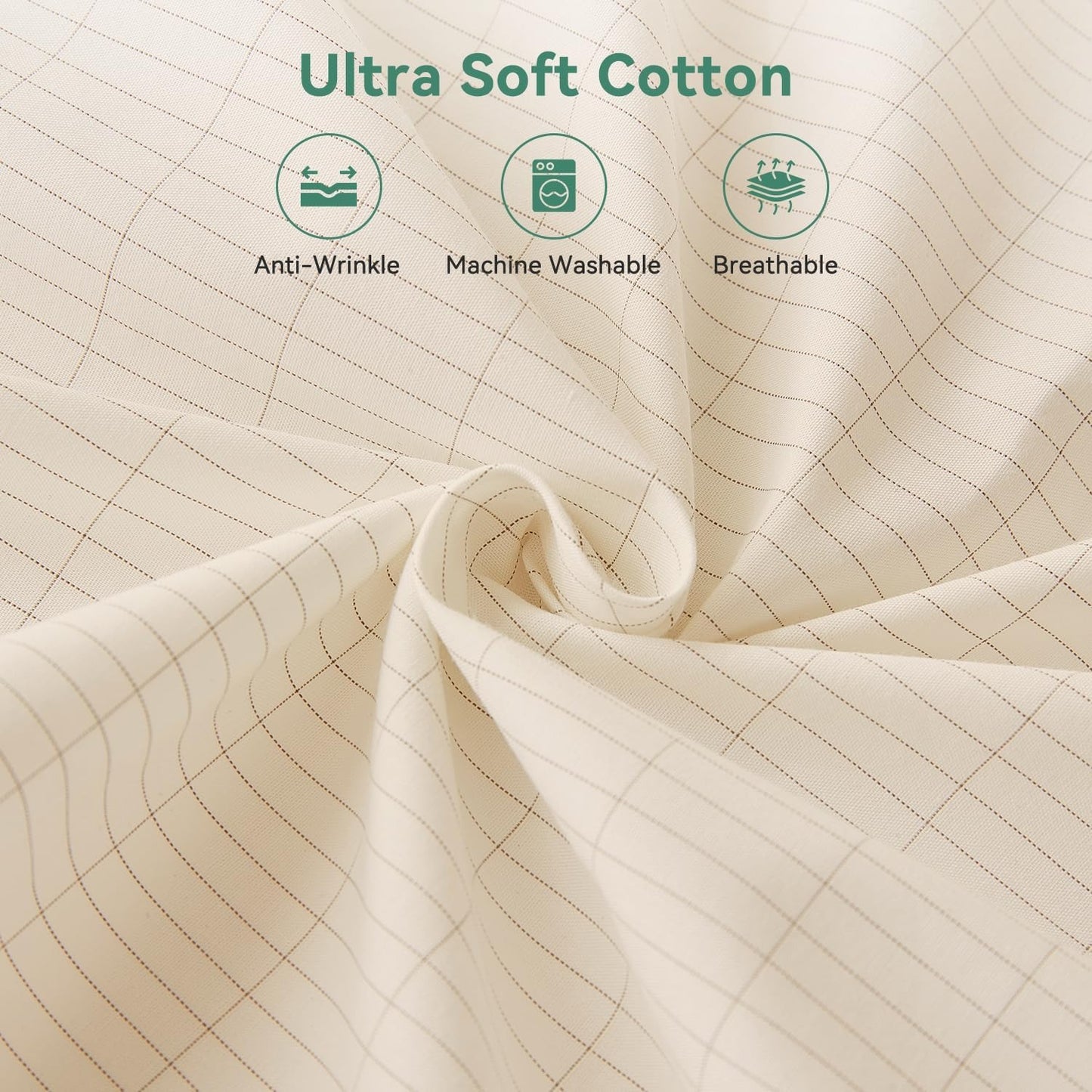 Rejuviaa grounding sheet - ultra soft cotton fabric with anti-wrinkle, machine washable, and breathable icons on a beige background.