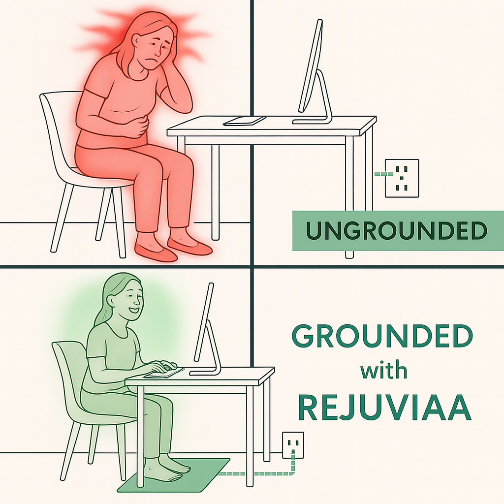 Illustration of a person sitting at a desk with discomfort, transitioning to a person sitting on a grounding mat with relief, promoting REJUVIAA.