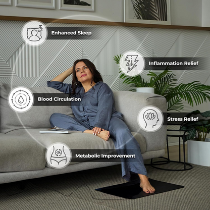 Woman sitting on a couch with grounding Mat with health benefits displayed around her