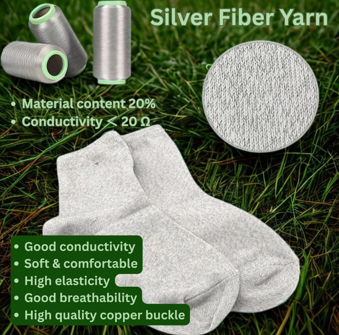 Silver fiber yarn grounding socks with material details on grass background