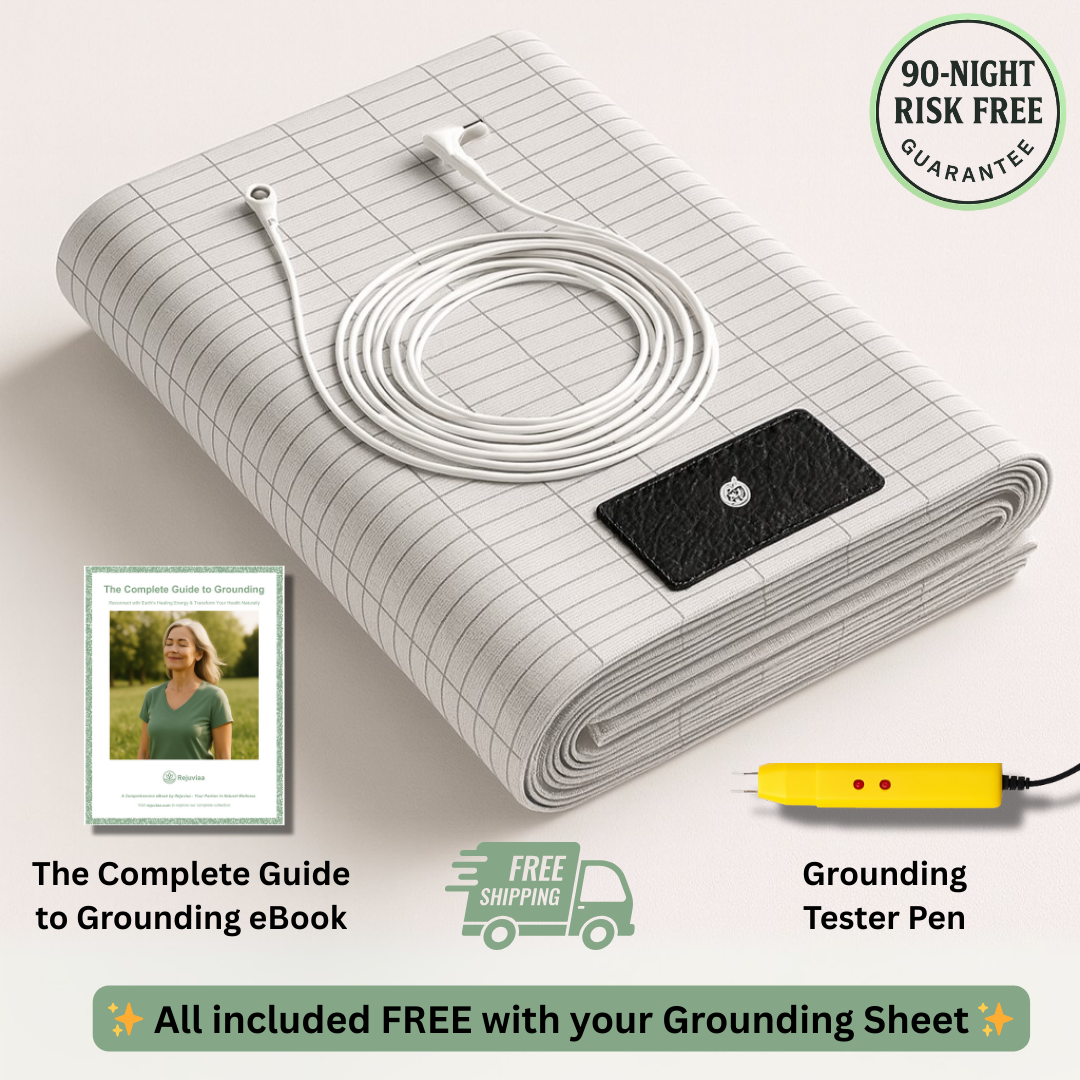 Grounding sheet with cable, eBook, and tester pen on a light background