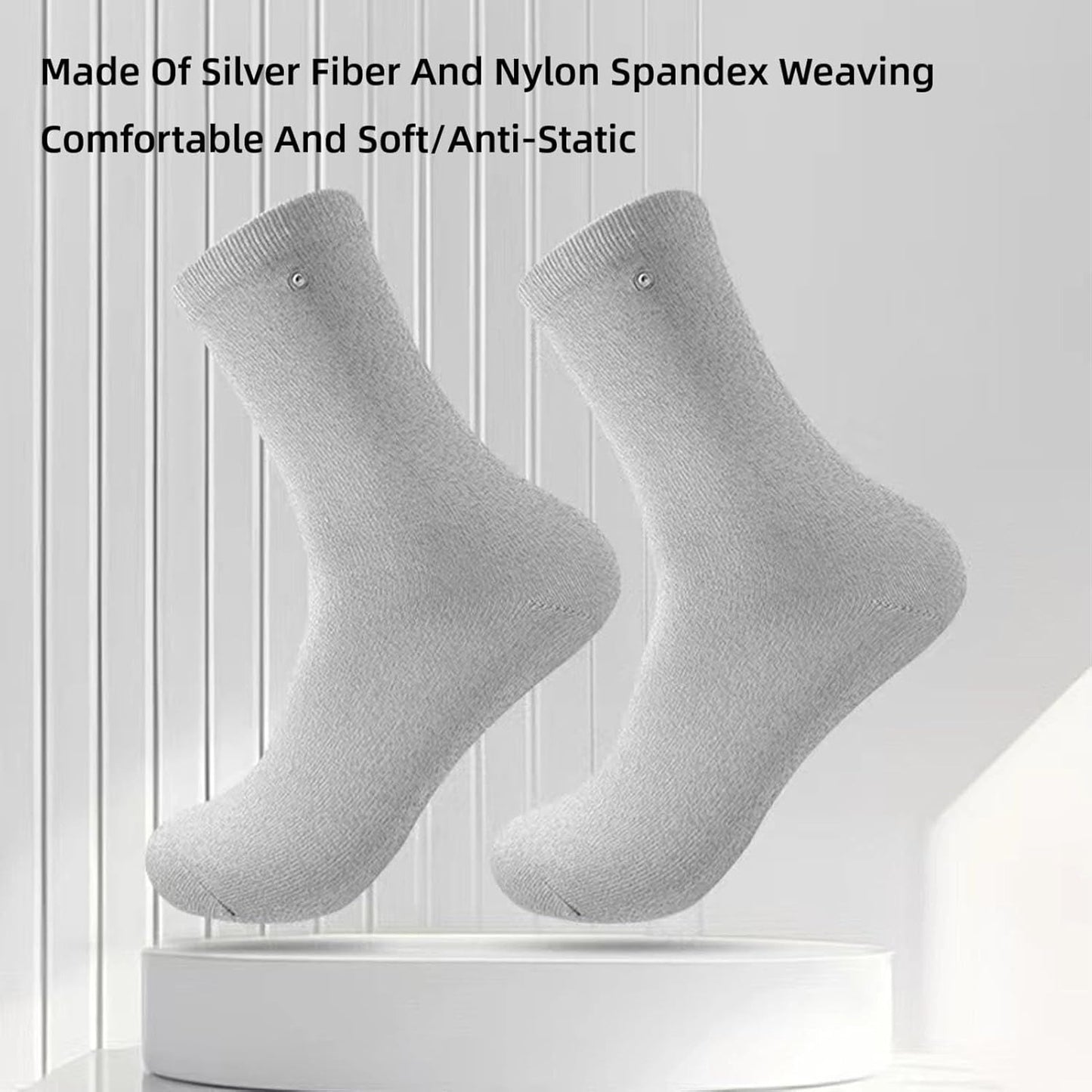Grounding socks on a white background with text about material and features.