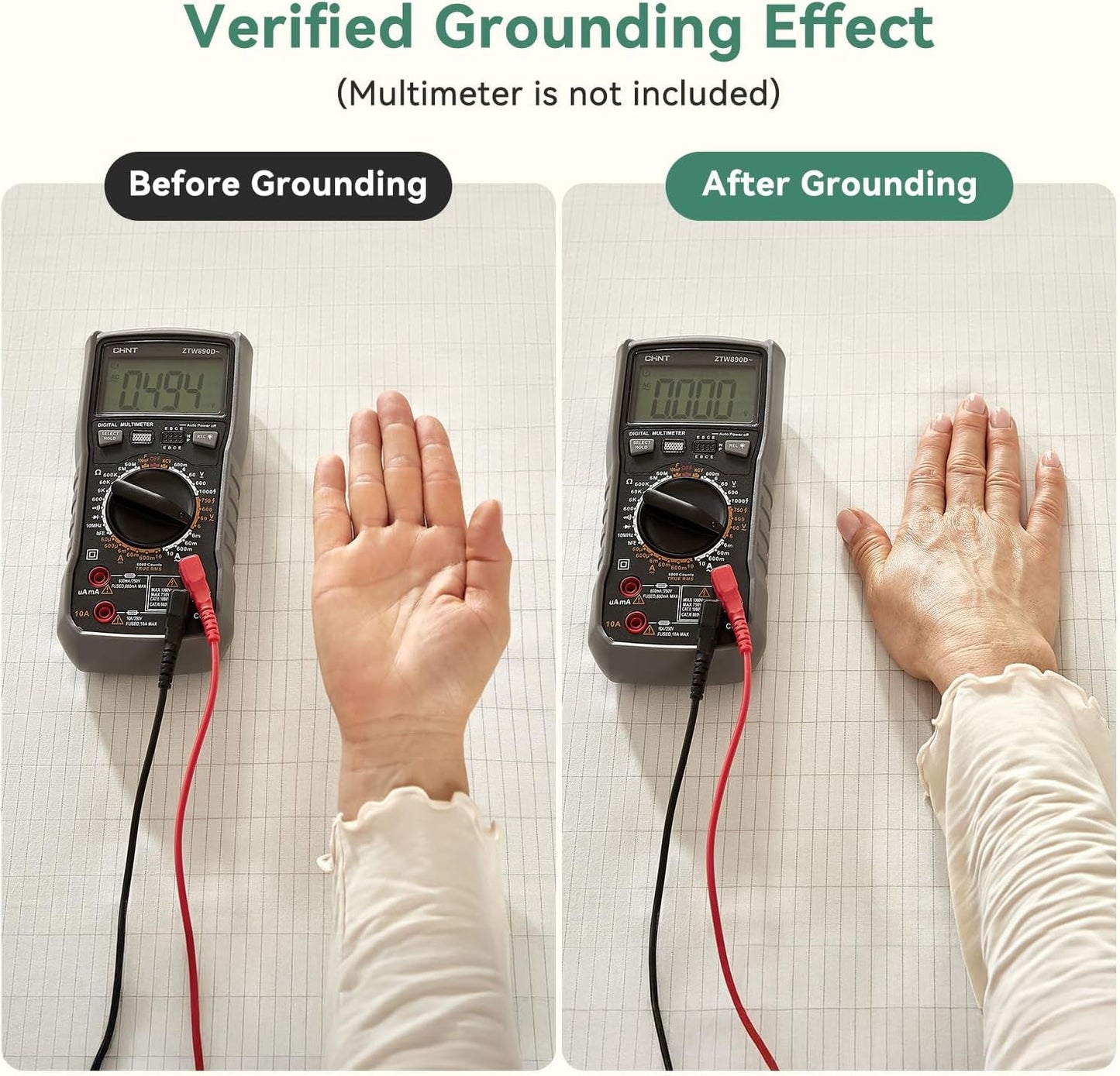 Before and after grounding comparison with multimeter and hands on a white background