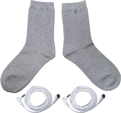 Pair of silver grounding socks with two white cables on a white background