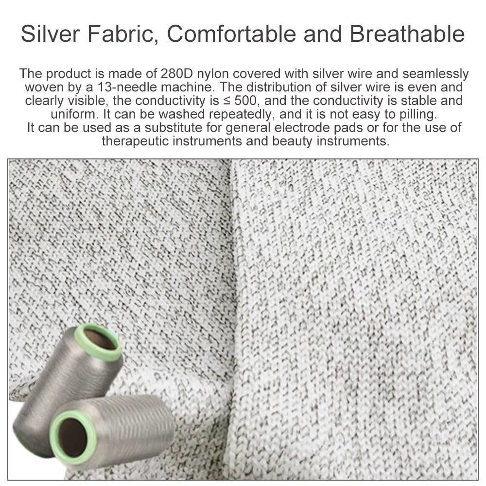 Grounding socks - silver fabric close-up with text describing its properties and uses