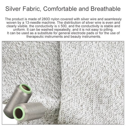 Grounding socks - silver fabric close-up with text describing its properties and uses